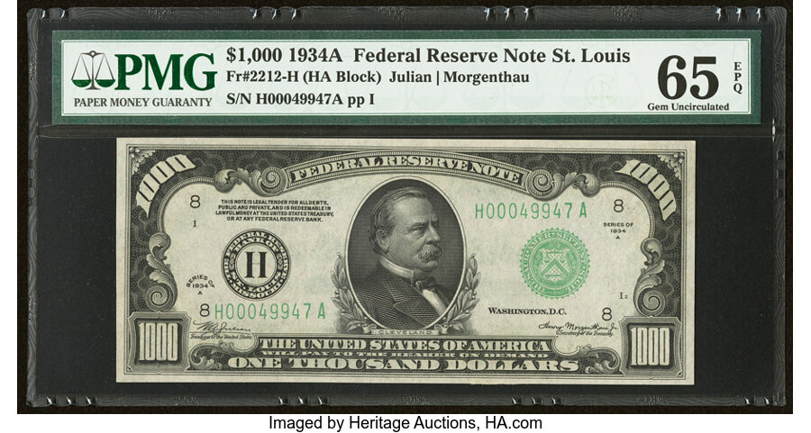 image for: Fr. 2212-H $1,000 1934A Federal Reserve Note. PMG Gem Uncirculated 65 EPQ....