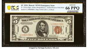 image for: Fr. 2301 $5 1934 Mule Hawaii Federal Reserve Note. PCGS Banknote Gem Unc 66PPQ....
