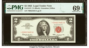image for: Fr. 1513* $2 1963 Legal Tender Star Note. PMG Superb Gem Unc 69 EPQ....