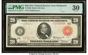 image for: Fr. 956b $20 1914 Red Seal Federal Reserve Note PMG Very Fine 30....