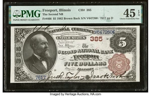 image for: Freeport, IL - $5 1882 Brown Back Fr. 466 The Second National Bank Ch. # 385 PMG Choice Extremely Fine 45 EPQ....