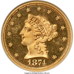 image for: 1874 $2 1/2 JD-1, High R.6, PR64 Cameo NGC. CAC....
