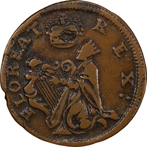 image for: Undated (ca. 1652-1674) St. Patrick Farthing. Martin 1b.2-Ba.2, W-11500. Rarity-6+. Copper. Nothing Below King. VF-35 (PCGS).
