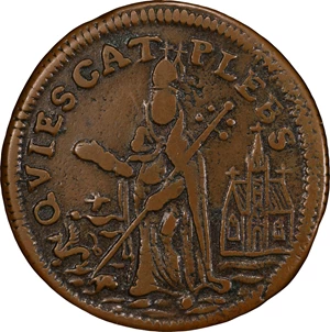 image for: Undated (ca. 1652-1674) St. Patrick Farthing. Martin 1b.2-Ba.2, W-11500. Rarity-6+. Copper. Nothing Below King. VF-35 (PCGS).