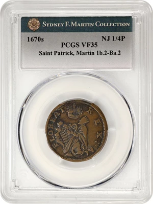 image for: Undated (ca. 1652-1674) St. Patrick Farthing. Martin 1b.2-Ba.2, W-11500. Rarity-6+. Copper. Nothing Below King. VF-35 (PCGS).