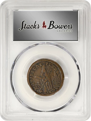 image for: Undated (ca. 1652-1674) St. Patrick Farthing. Martin 1b.2-Ba.2, W-11500. Rarity-6+. Copper. Nothing Below King. VF-35 (PCGS).