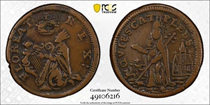 image for: Undated (ca. 1652-1674) St. Patrick Farthing. Martin 1b.2-Ba.2, W-11500. Rarity-6+. Copper. Nothing Below King. VF-35 (PCGS).