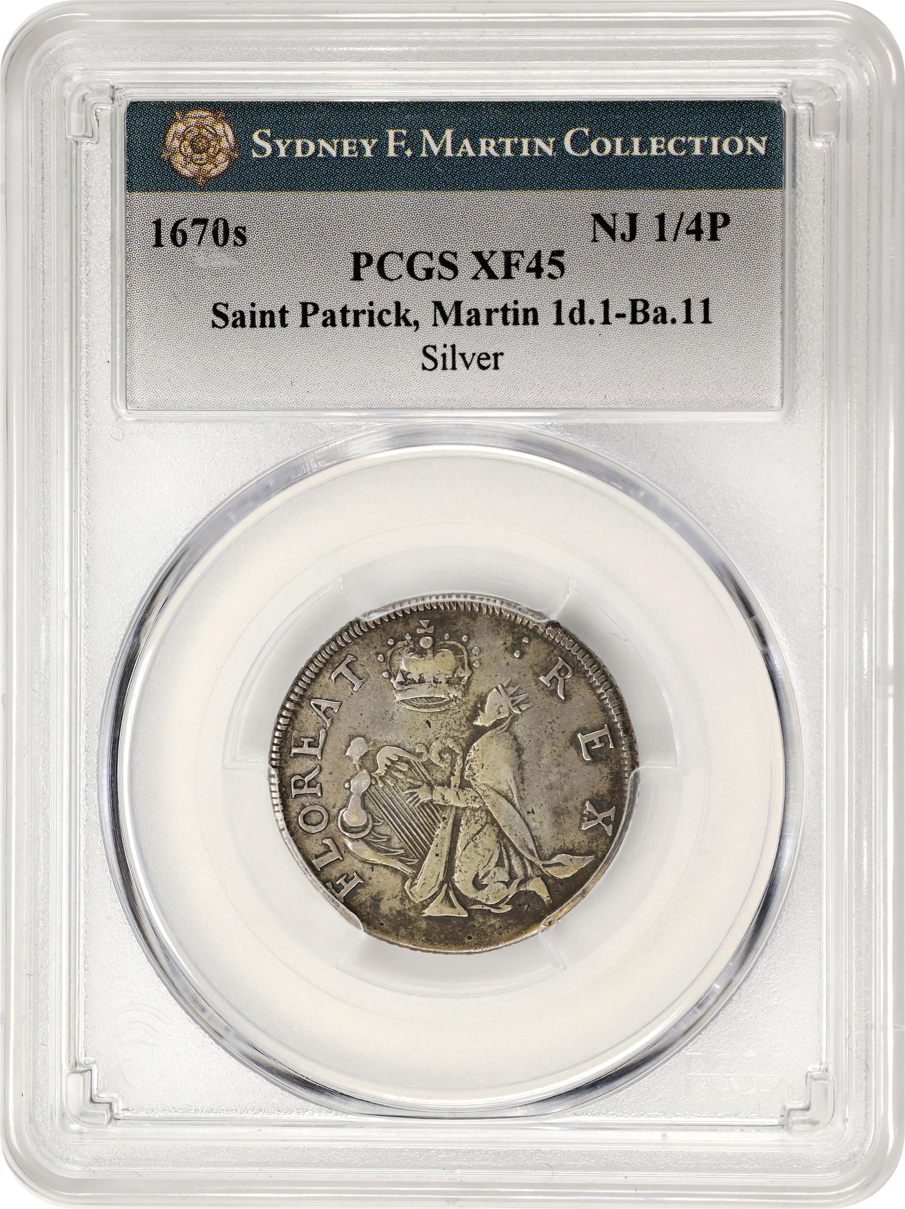 image for: Undated (ca. 1652-1674) St. Patrick Farthing. Martin 1d.1-Ba.11, W-11520. Rarity-6+. Silver. Nothing Below King. EF-45 (PCGS).