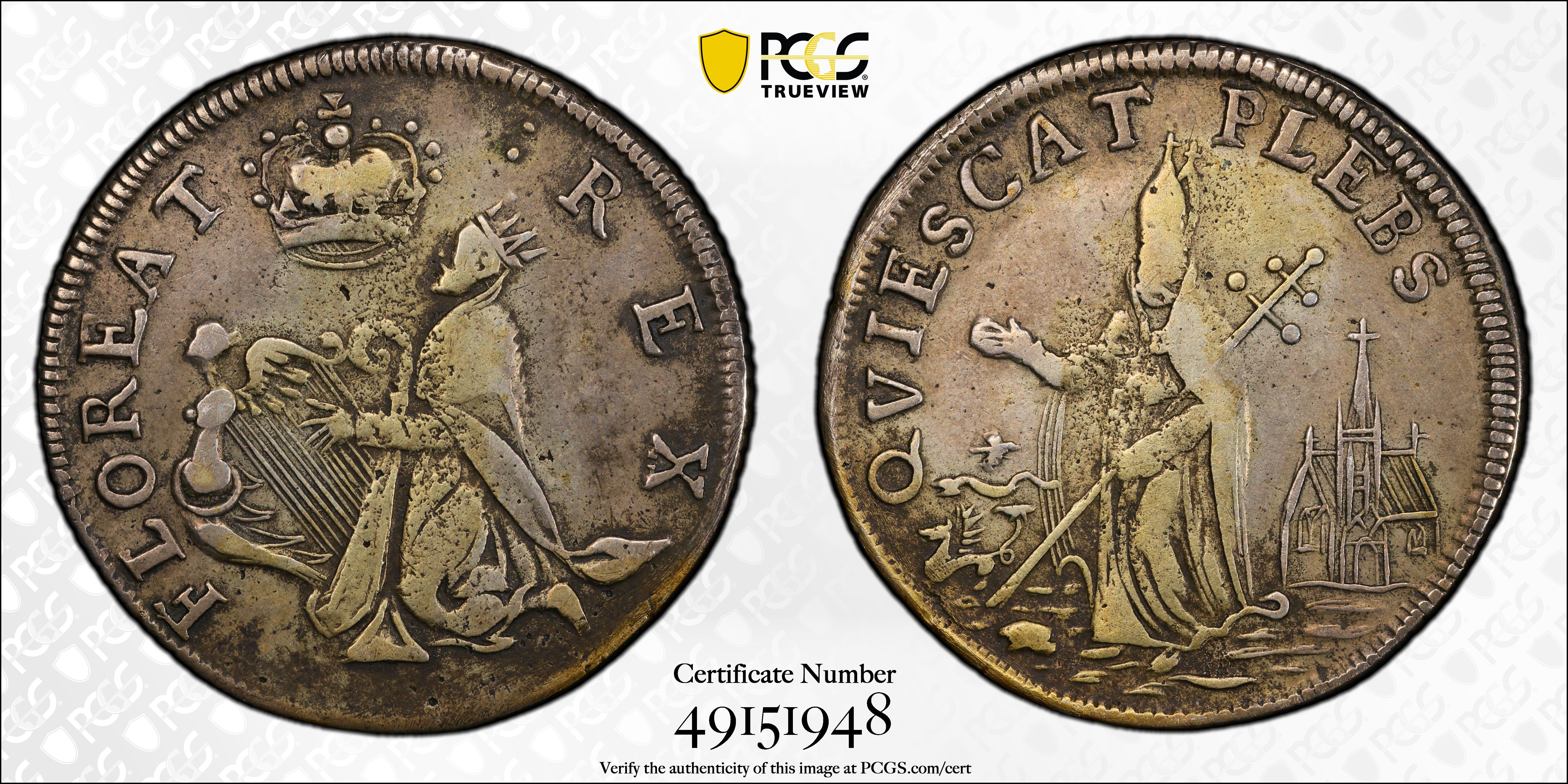 image for: Undated (ca. 1652-1674) St. Patrick Farthing. Martin 1d.1-Ba.11, W-11520. Rarity-6+. Silver. Nothing Below King. EF-45 (PCGS).