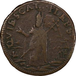 image for: Undated (ca. 1652-1674) St. Patrick Farthing. Martin 3b.7-Ea.4, W-11500. Rarity-8. Copper. Sea Beasts Below King, Masonic Punctuation. VG Details--Environmental Damage (PCGS).