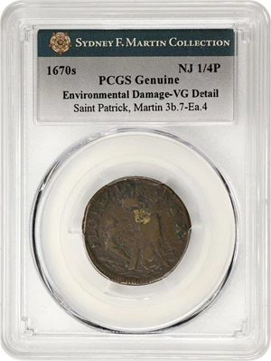 image for: Undated (ca. 1652-1674) St. Patrick Farthing. Martin 3b.7-Ea.4, W-11500. Rarity-8. Copper. Sea Beasts Below King, Masonic Punctuation. VG Details--Environmental Damage (PCGS).