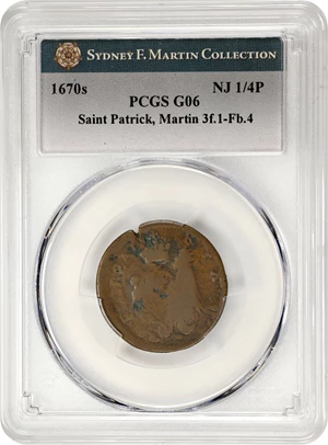 image for: Undated (ca. 1652-1674) St. Patrick Farthing. Martin 3f.1-Fb.4, W-11500. Rarity-7. Copper. Sea Beasts Below King, Masonic Punctuation. Good-6 (PCGS).
