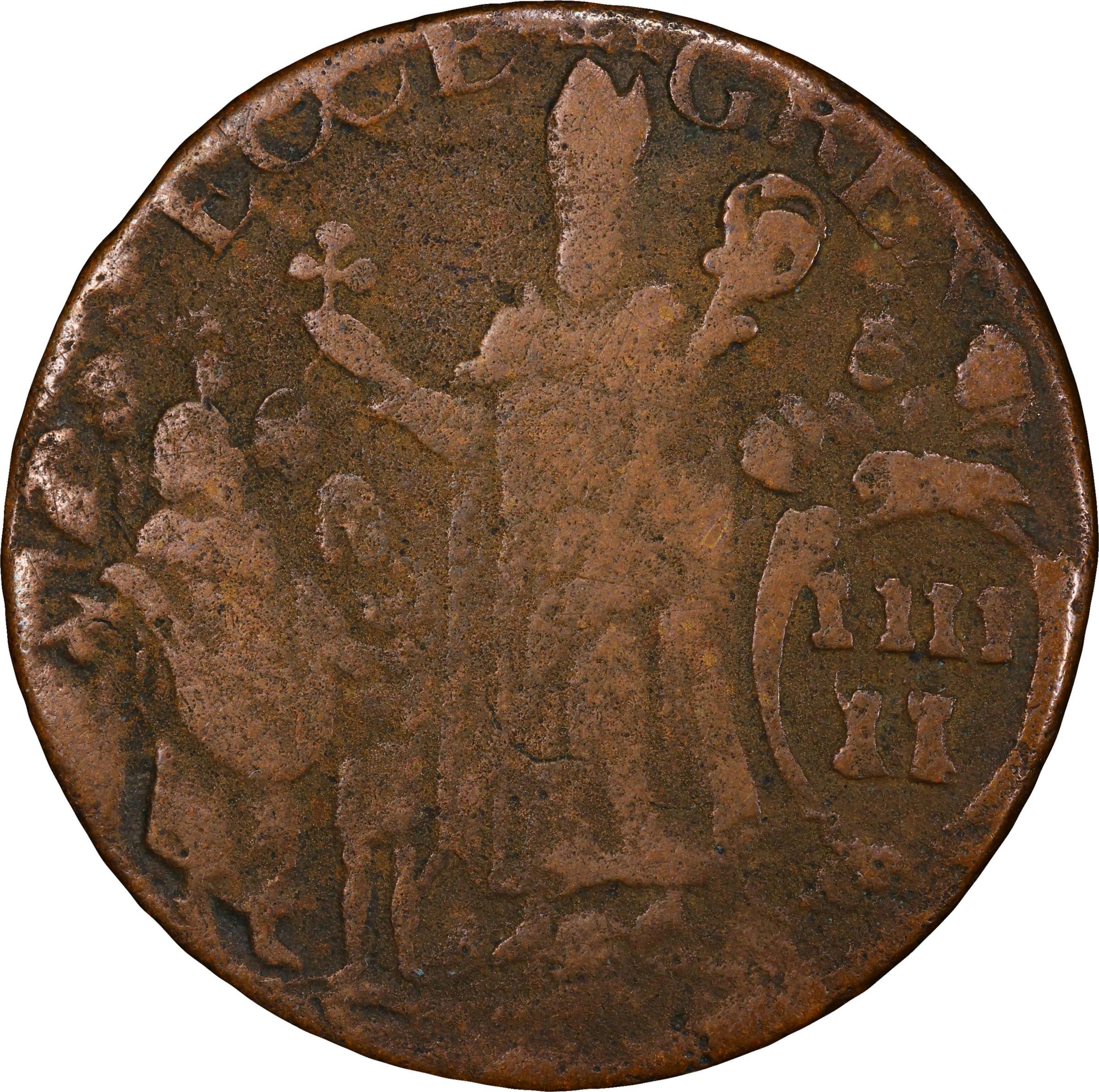 image for: Undated (ca. 1652-1674) St. Patrick Halfpenny. Martin 1-B, W-11540. Rarity-4. Large Letters. Fine Details--Environmental Damage (PCGS).