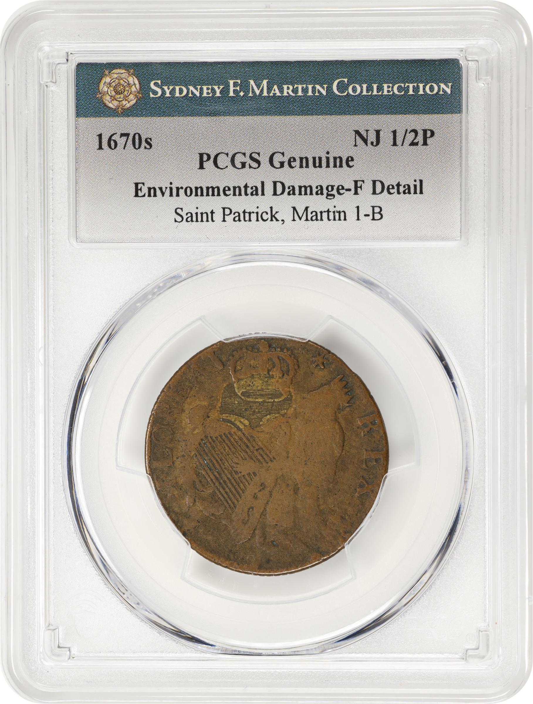 image for: Undated (ca. 1652-1674) St. Patrick Halfpenny. Martin 1-B, W-11540. Rarity-4. Large Letters. Fine Details--Environmental Damage (PCGS).