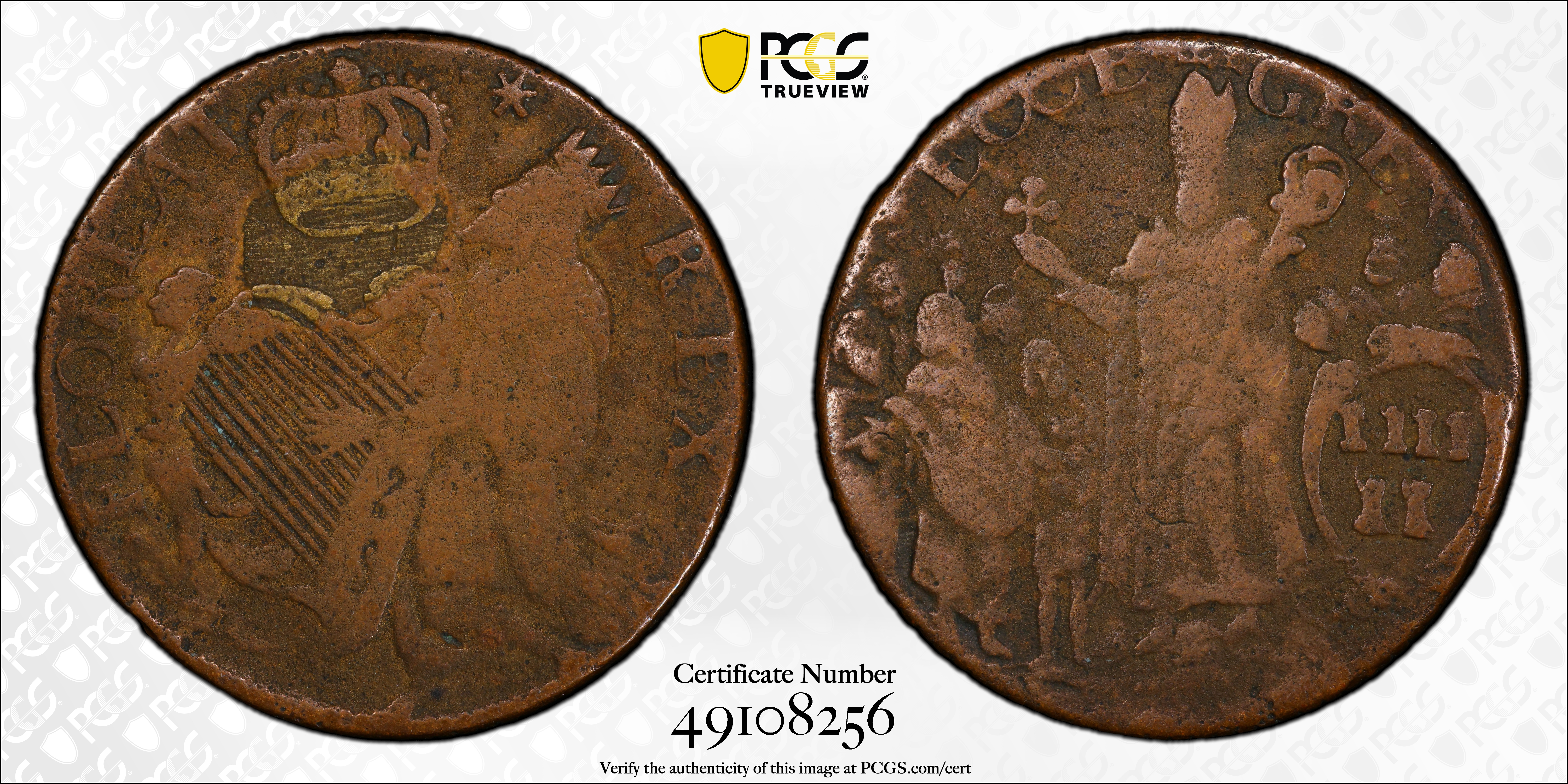 image for: Undated (ca. 1652-1674) St. Patrick Halfpenny. Martin 1-B, W-11540. Rarity-4. Large Letters. Fine Details--Environmental Damage (PCGS).