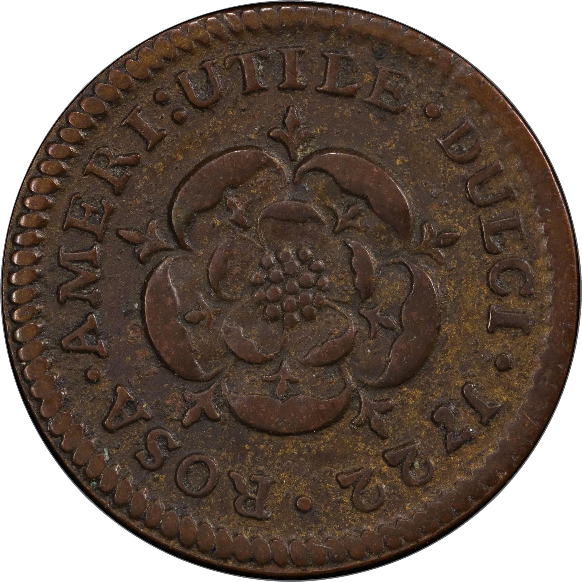 image for: 1722 Rosa Americana Halfpenny. Martin 2.1-B.1, W-1218. Rarity-4. D:G:REX / ROSA AMERI. UTILE DULCI. VF-30 (PCGS).