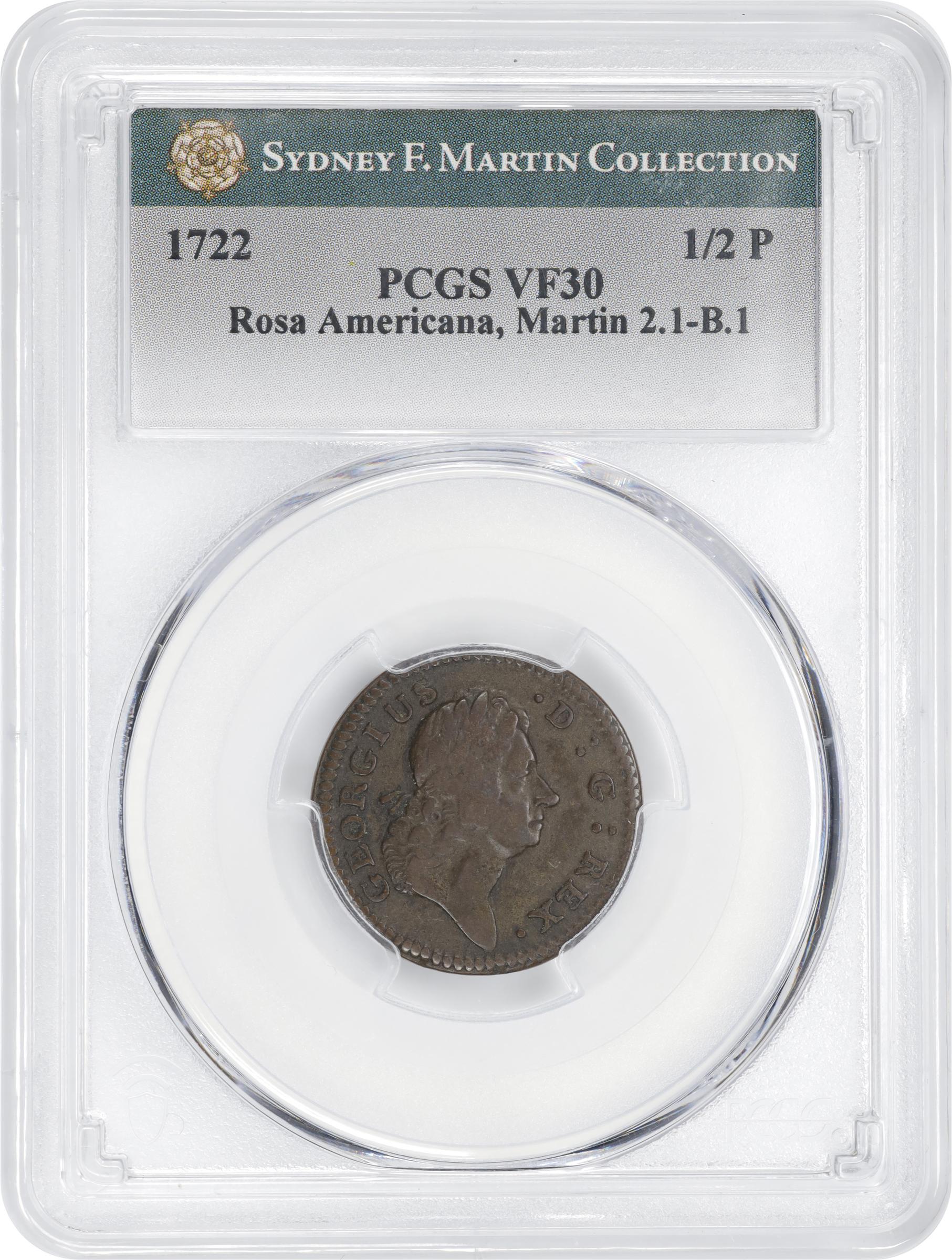 image for: 1722 Rosa Americana Halfpenny. Martin 2.1-B.1, W-1218. Rarity-4. D:G:REX / ROSA AMERI. UTILE DULCI. VF-30 (PCGS).