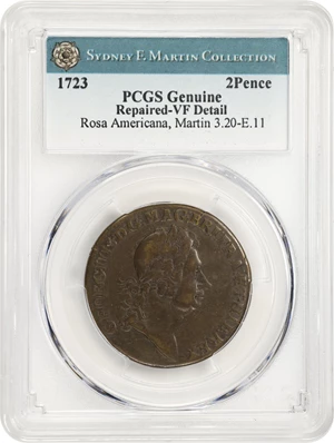 image for: 1723 Rosa Americana Twopence. Martin 3.20-E.11, W-1334. Rarity-6. VF Details--Repaired (PCGS).