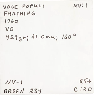 image for: 1760 Voce Populi Farthing. Nelson-1, W-13800. Rarity-5. Large Letters. Very Fin, Environmental Damage.