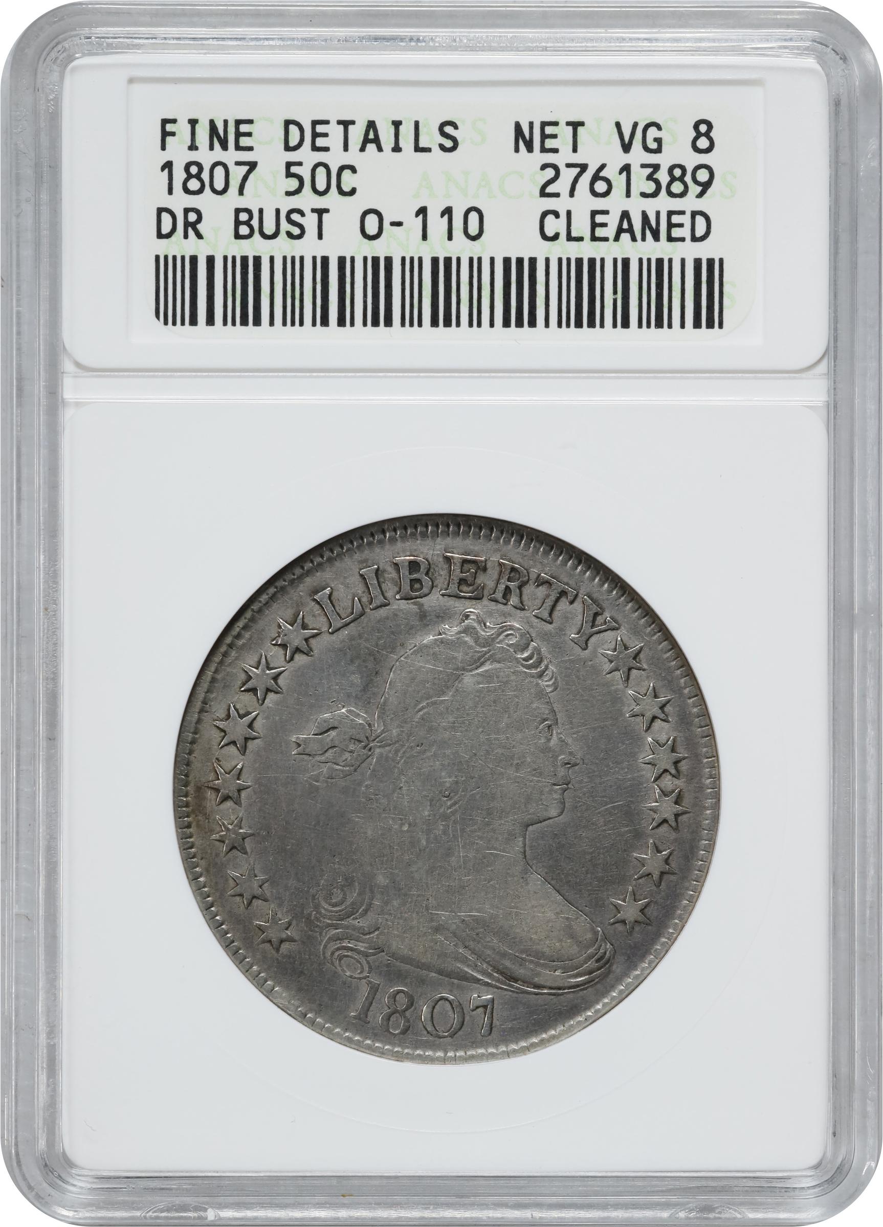 image for: 1807 Draped Bust Half Dollar. O-110, T-3. Rarity-2. Net VG-8 (ANACS). Fine Details--Cleaned. OH.