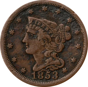 image for: 1853 Braided Hair Half Cent. C-1. Rarity-1. VF-30 Details--Corroded (ANACS).