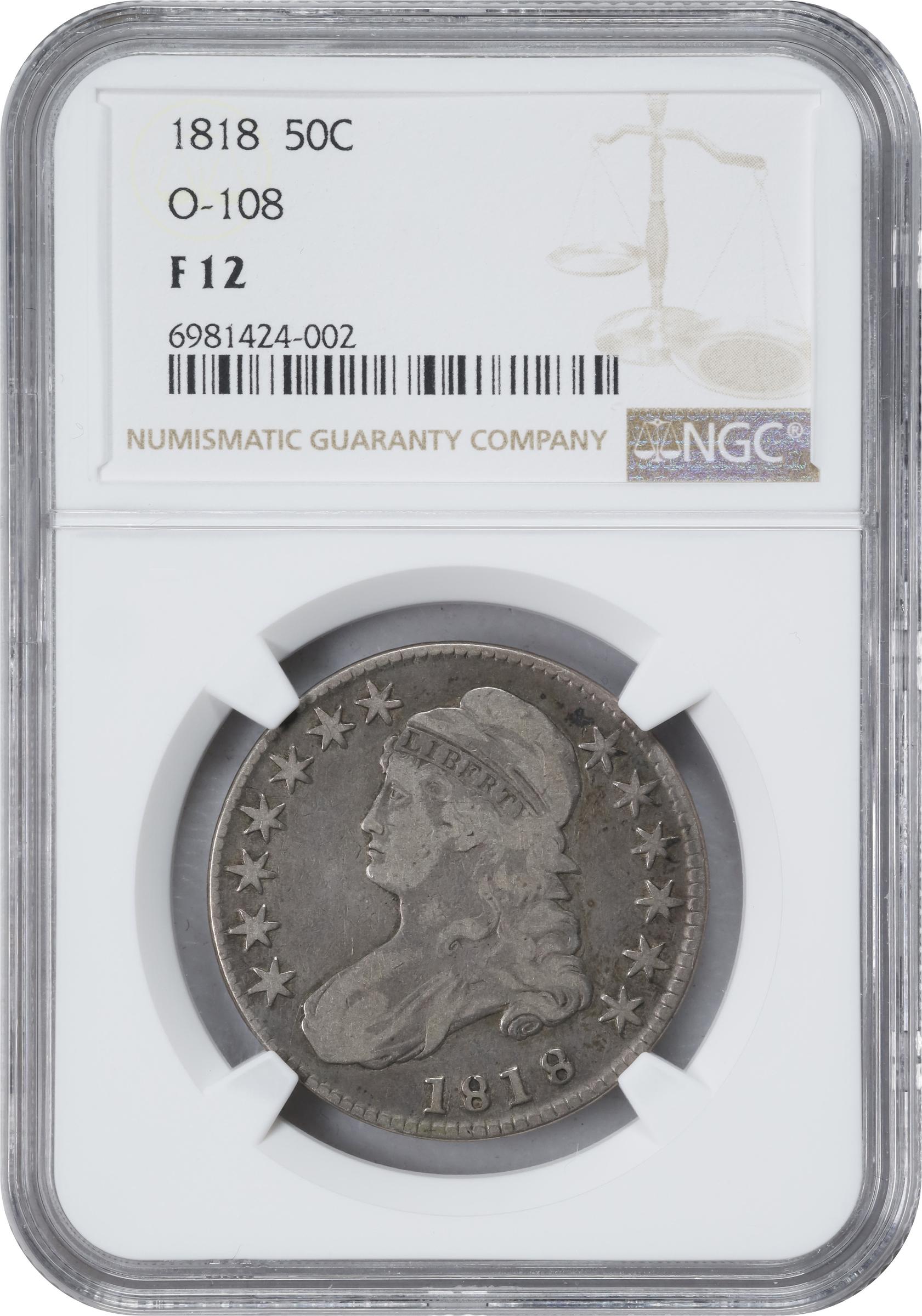 image for: 1818 Capped Bust Half Dollar. O-108. Rarity-2. Inverted Edge Lettering. Fine-12 (NGC).