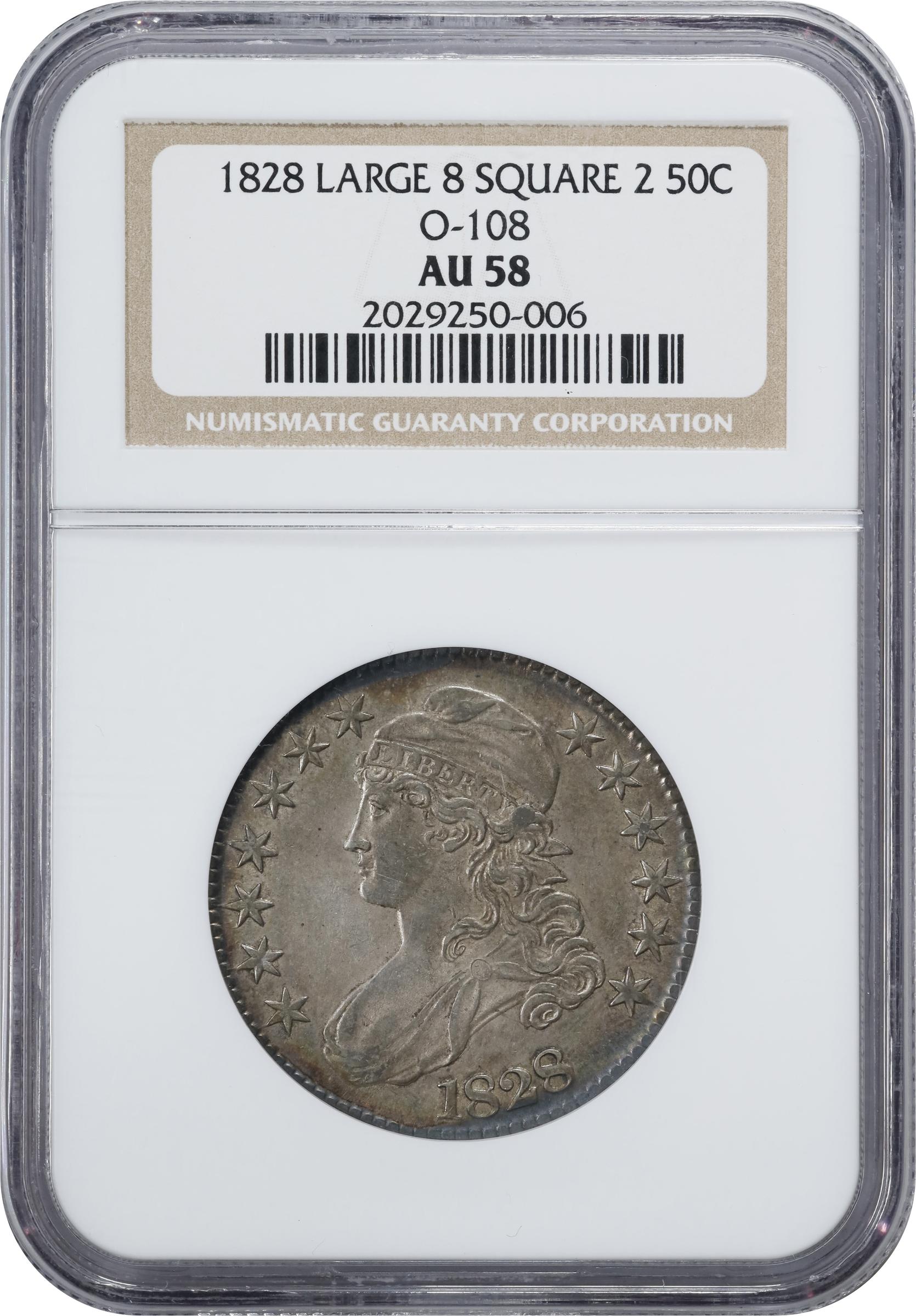 image for: 1828 Capped Bust Half Dollar. O-108. Rarity-2. Square Base 2, Large 8s. AU-58 (NGC).