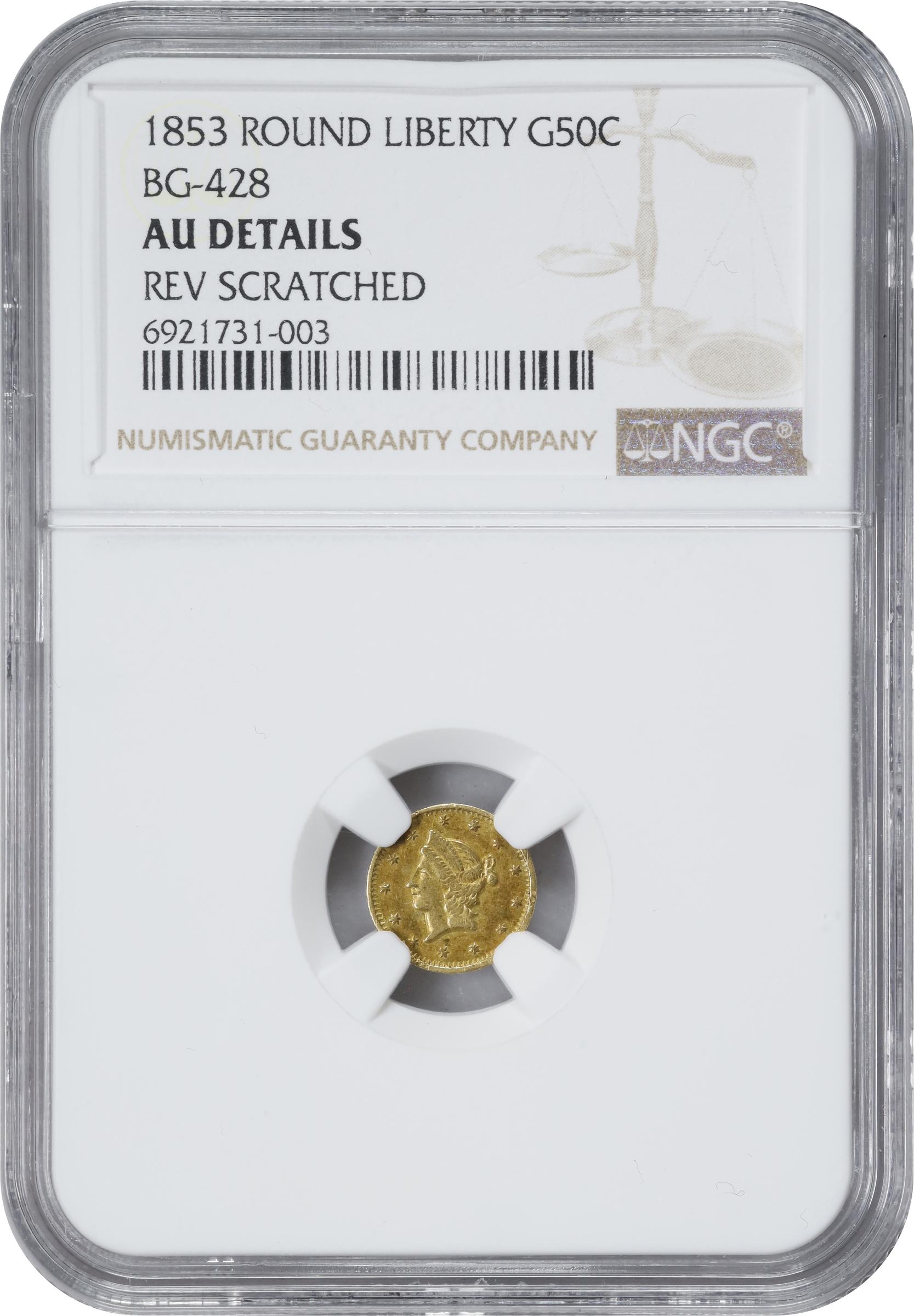 image for: 1853 Round 50 Cents. BG-428. Rarity-3. Liberty Head. AU Details--Reverse Scratched (NGC).