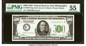image for: Fr. 2200-C $500 1928 Federal Reserve Note. PMG About Uncirculated 55....