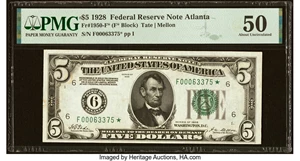 image for: Fr. 1950-F* $5 1928 Federal Reserve Star Note. PMG About Uncirculated 50....
