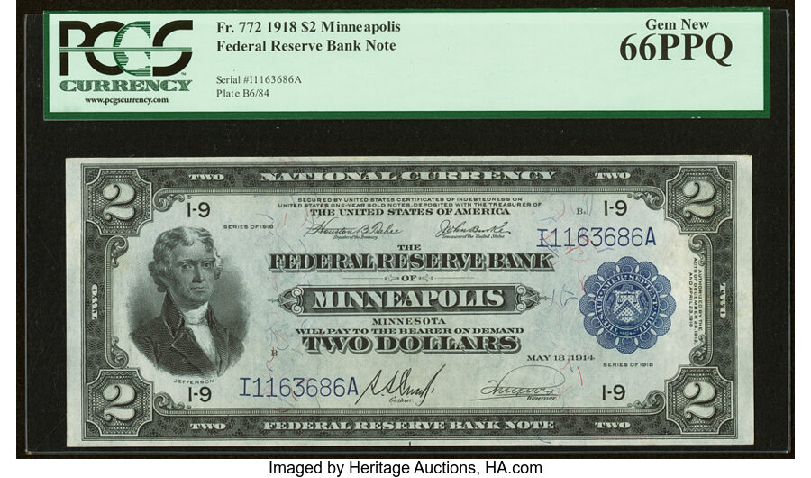 image for: Fr. 772 $2 1918 Federal Reserve Bank Note PCGS Gem New 66PPQ....
