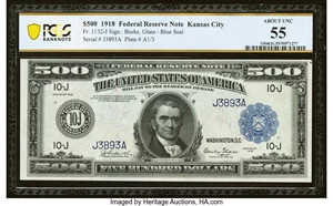 image for: Fr. 1132-J $500 1918 Federal Reserve Note PCGS Banknote About Unc 55....