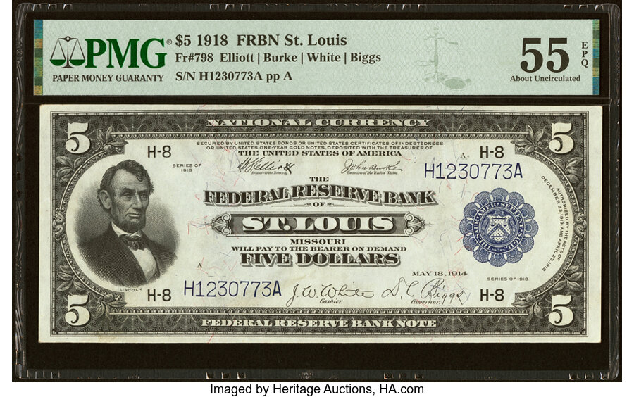 image for: Fr. 798 $5 1918 Federal Reserve Bank Note PMG About Uncirculated 55 EPQ....