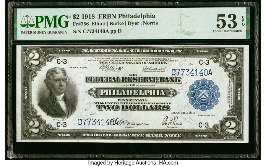 image for: Fr. 756 $2 1918 Federal Reserve Bank Note PMG About Uncirculated 53 EPQ....