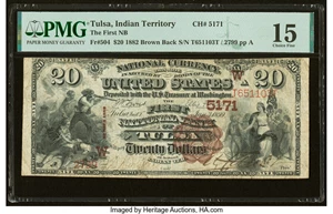 image for: Tulsa, IT - $20 1882 Brown Back Fr. 504 The First National Bank Ch. # (W)5171 PMG Choice Fine 15....