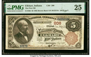 image for: Elkhart, IN - $5 1882 Brown Back Fr. 466 The First National Bank Ch. # 206 PMG Very Fine 25....