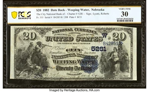 image for: Weeping Water, NE - $20 1882 Date Back Fr. 555 The City National Bank Ch. # (W)5281 PCGS Banknote Very Fine 30....