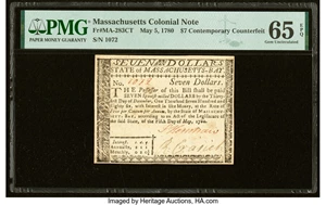 image for: Massachusetts May 5, 1780 $7 Contemporary Counterfeit PMG Gem Uncirculated 65 EPQ....