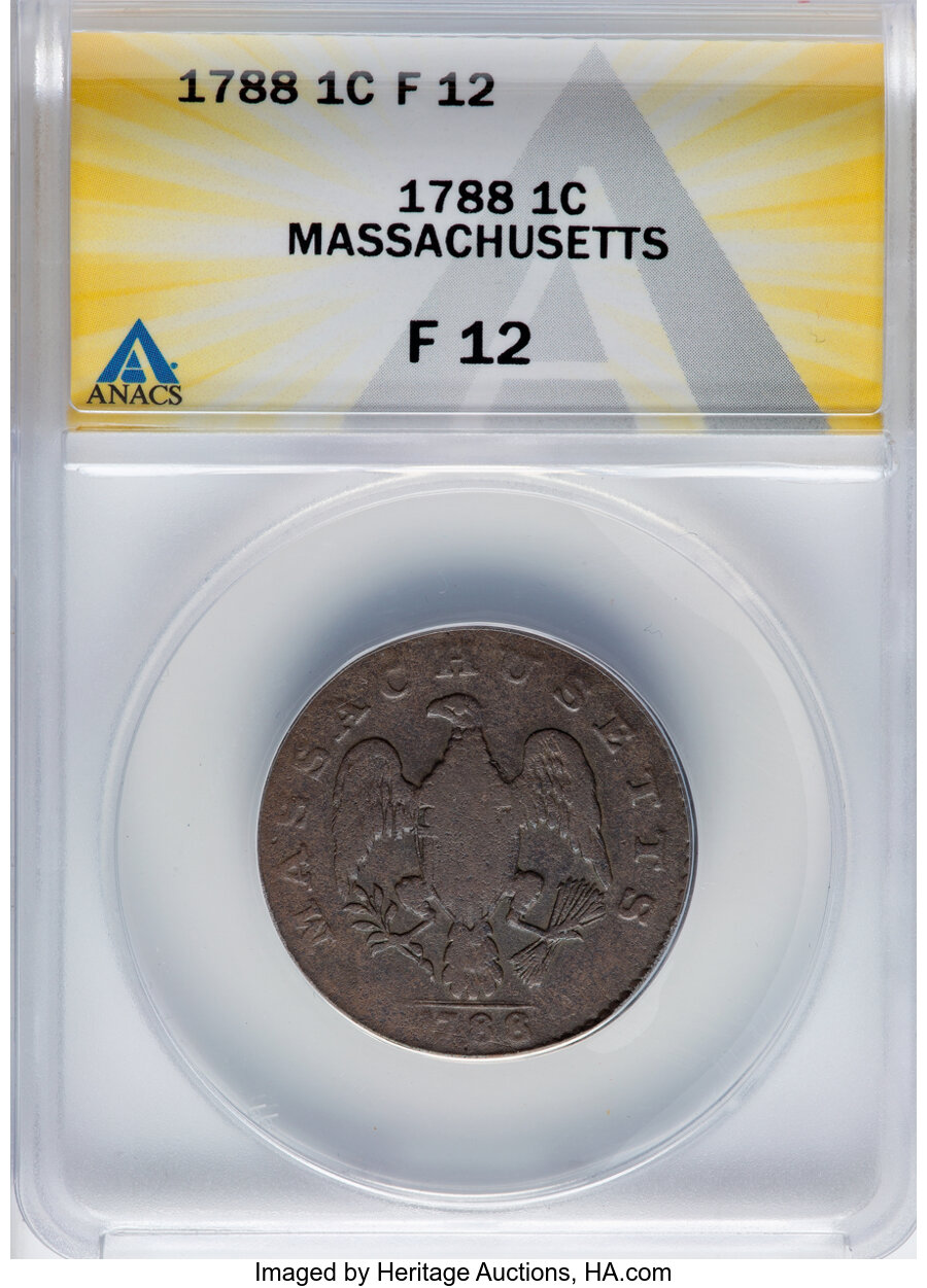image for: 1788 1C Massachusetts Cent, No Period, R. 6-N, W-6240, Low R.3, Fine 12 ANACS....