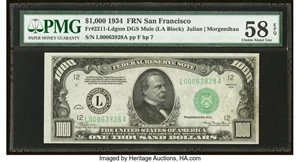 image for: Fr. 2211-L $1,000 1934 Mule Federal Reserve Note. PMG Choice About Unc 58 EPQ....
