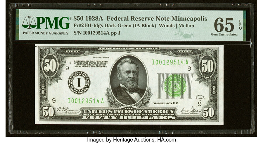image for: Fr. 2101-I $50 1928A Federal Reserve Note. PMG Gem Uncirculated 65 EPQ....