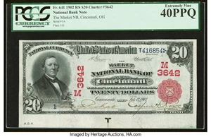image for: Serial Number 1 Cincinnati, OH - $20 1902 Red Seal Fr. 641 The Market National Bank Ch. # (M)3642 PCGS Extremely Fine 40PPQ....