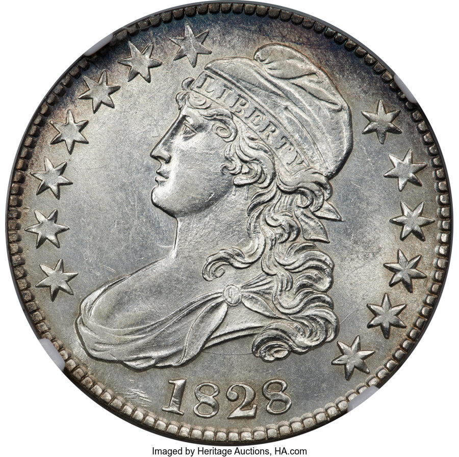 image for: 1828 50C Square Base 2, Small 8s, Large Letters, O-122, R.3, AU58 NGC....