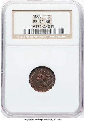 image for: 1868 1C PR64 Red and Brown NGC. NGC Census: (35/39). Mintage 600. ...