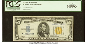 image for: Fr. 2307* $5 1934A North Africa Silver Certificate Star. PCGS Very Fine 30PPQ....