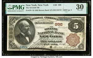 image for: New York, NY - $5 1882 Brown Back Fr. 470 The Seventh National Bank Ch. # 998 PMG Very Fine 30....