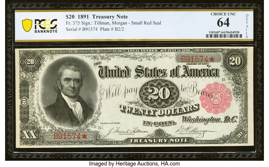 image for: Fr. 375 $20 1891 Treasury Note PCGS Banknote Choice Unc 64 Details....