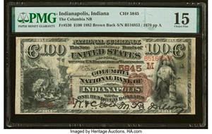 image for: Indianapolis, IN - $100 1882 Brown Back Fr. 530 The Columbia National Bank Ch. # (M)5845 PMG Choice Fine 15....