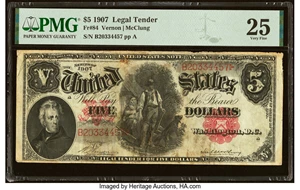 image for: Fr. 84 $5 1907 Legal Tender PMG Very Fine 25....
