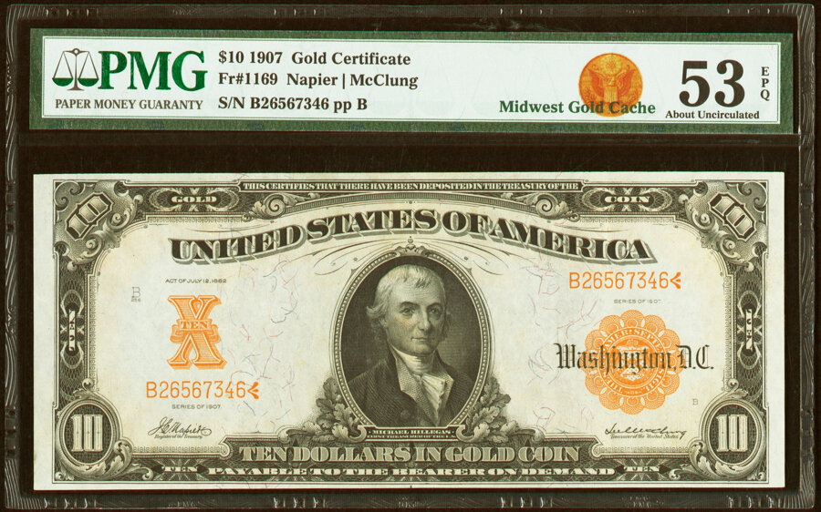 image for: Fr. 1169 $10 1907 Gold Certificate PMG About Uncirculated 53 EPQ....